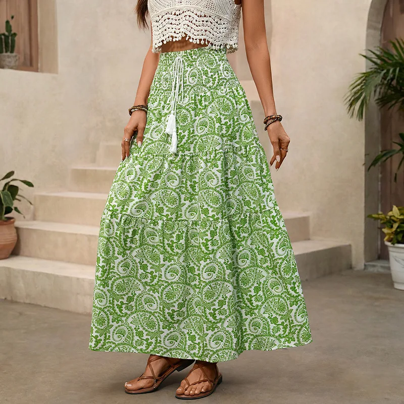 Women Skirts Print Skirt A Line Tassel Ankle Length Empire Drawstring Waist None Strech Loose Fit Casual Elegant 2026 Summer