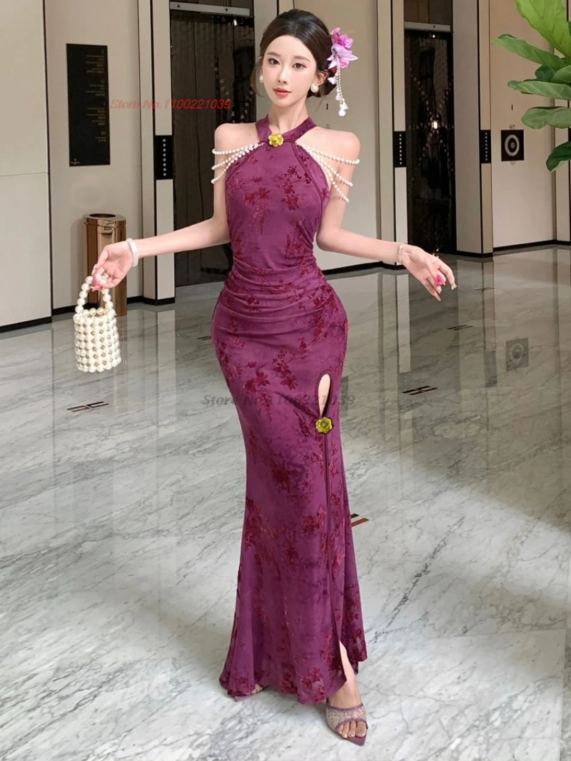 2025年オリエンタルナイトクラブドレス改良版チャイナドレス伝統的なジャカードベルベットノースリーブ袍ドレスボディコンバンケットドレス袍