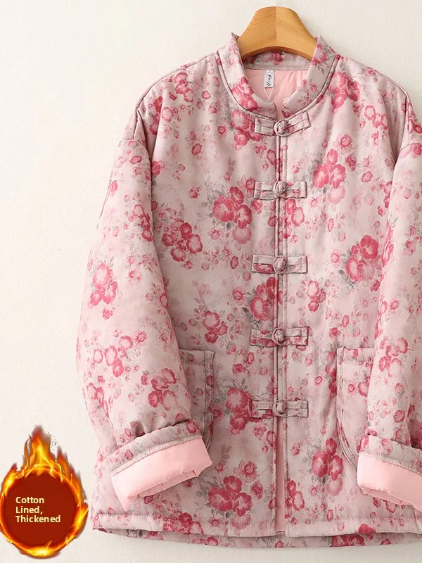 

Ретро-куртка женская зимняя утепленная из хлопка с китайскими пуговицами, с цветочным принтом, свободного кроя, для повседневной носки