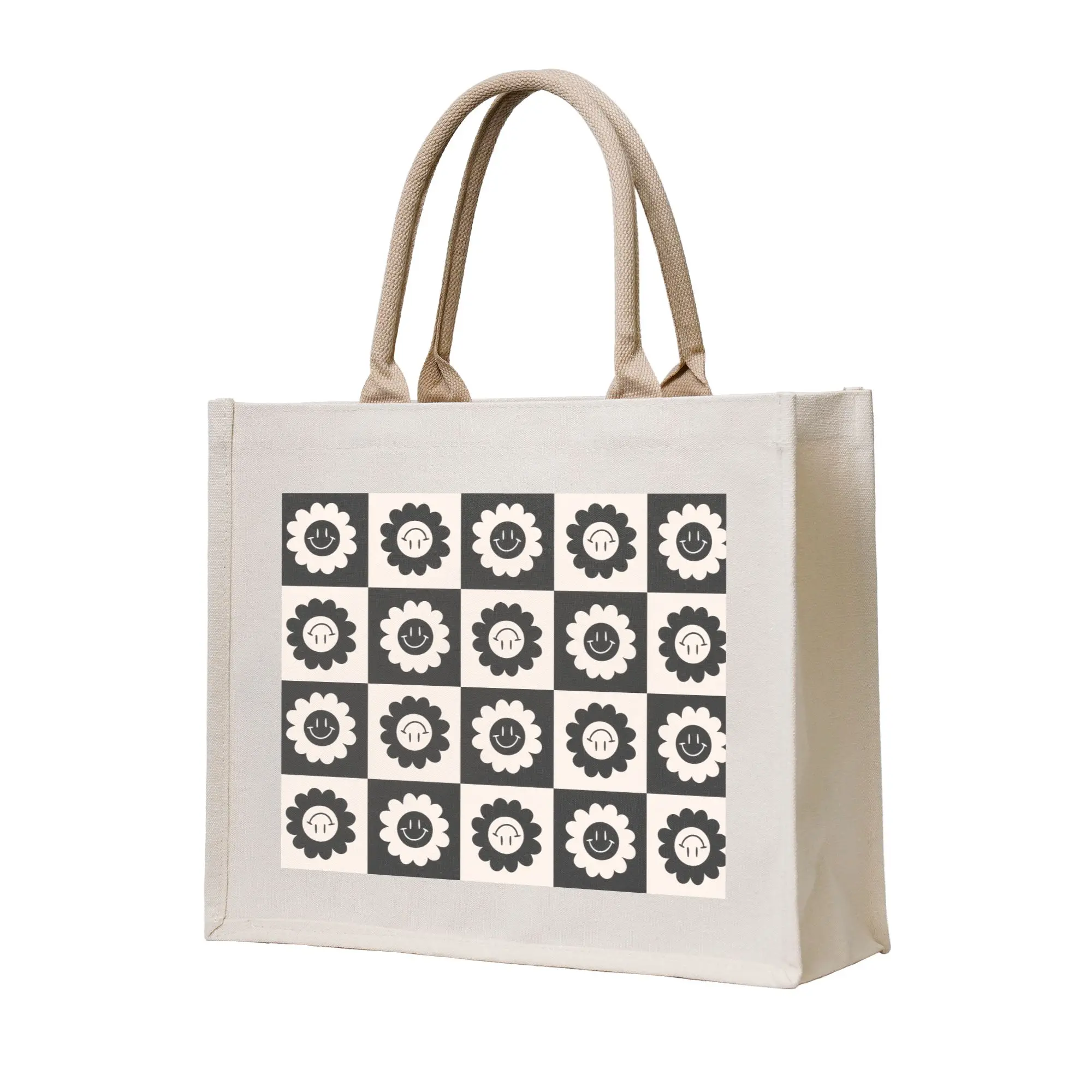 

Kawaii Printing Happy Face Checkerboard Daisies Flowers Tote Shopping Bag Portable Shopper Shoulder Handbag