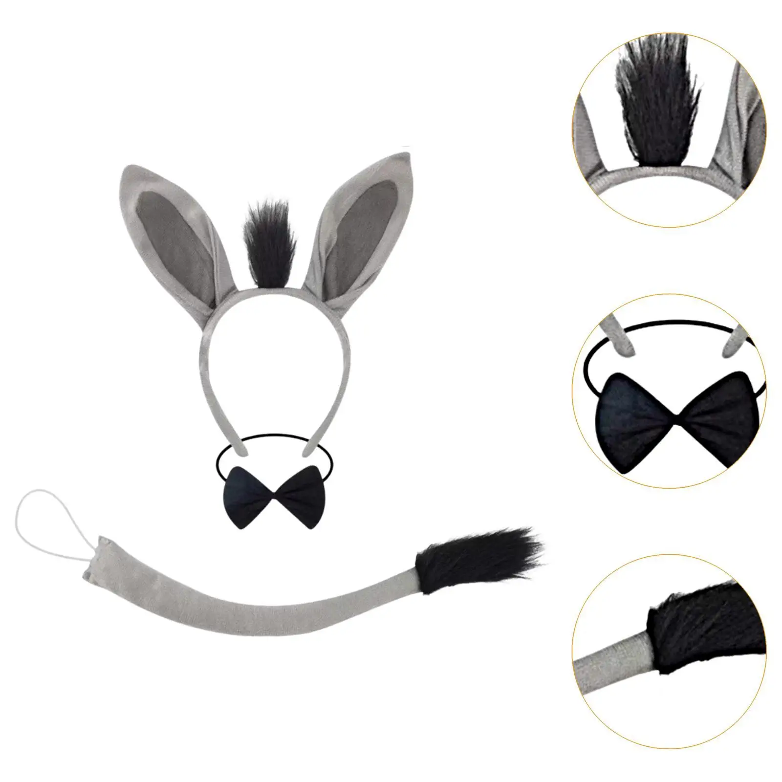 Conjunto de disfraz de burro, accesorios para fotos, diadema y cola con orejas cómodas para vacaciones