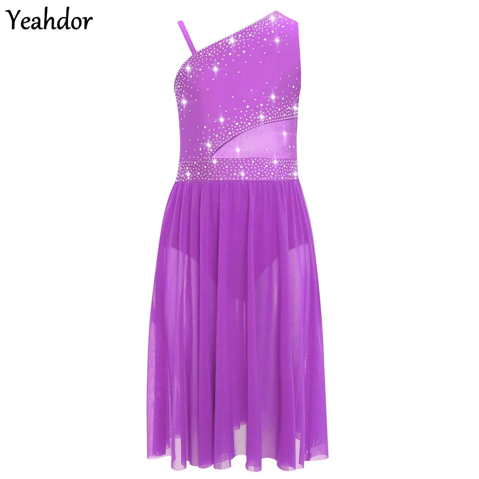 

Girls Rhinestones Lyrical Dance Dress One Shoulder Sleeveless Sheer Mesh Figure Skating Gymnastics Ballet Performance Costume