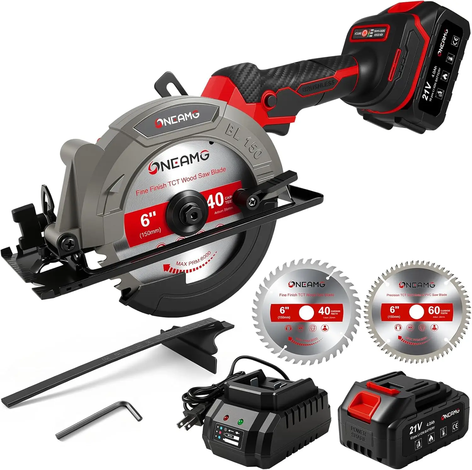 

6" Cordless Mini Circular Saw, 21V Battery, 5800RPM, Max Cut 2-1/6", w/40T & 60T Blades for Wood, Aluminum & Plastic