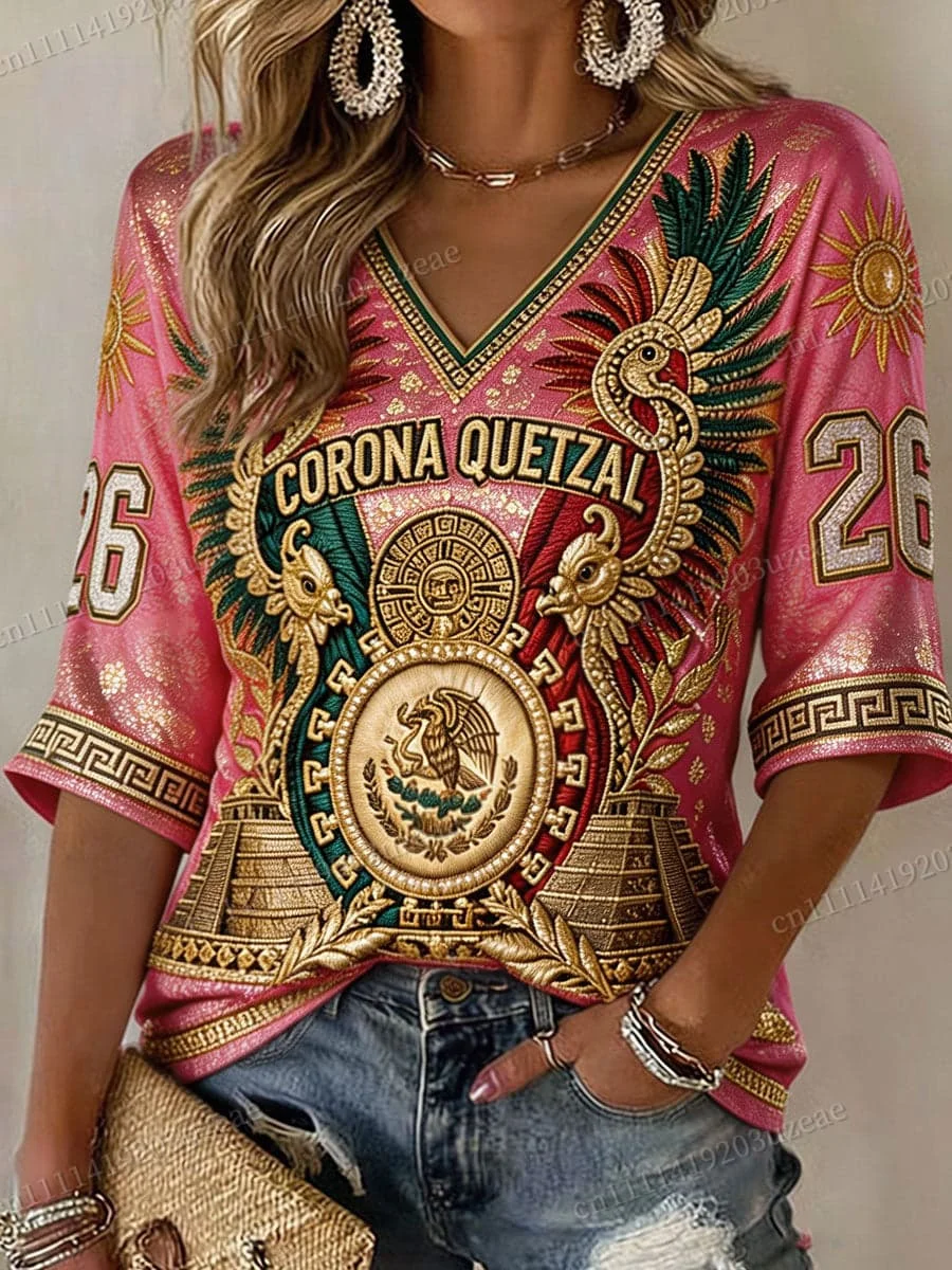 2026 Mexiko Fußball V-Ausschnitt T-Shirt für Männer und Frauen, bedruckt mit Azteken-Adler-Motiv, Vintage Mexikanisches Fußballtrikot, Kulturelles T-Shirt – Detail 3