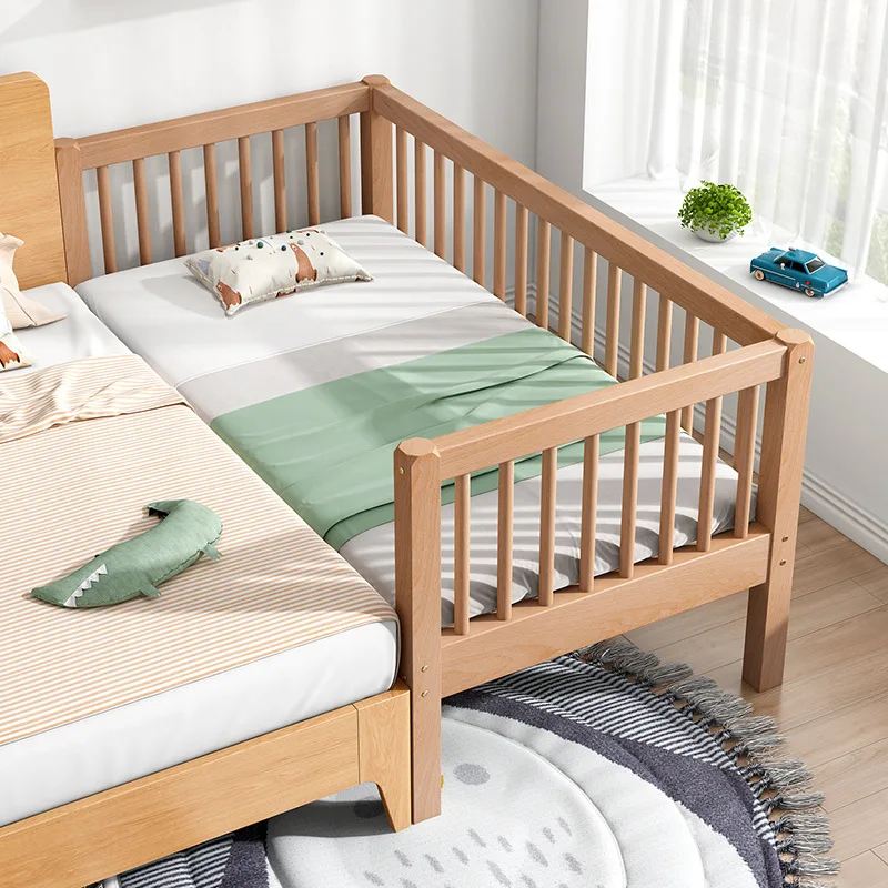 All solid wood children's splicing bed with guardrail widened baby cot boy girl log adult can sleep beech bed