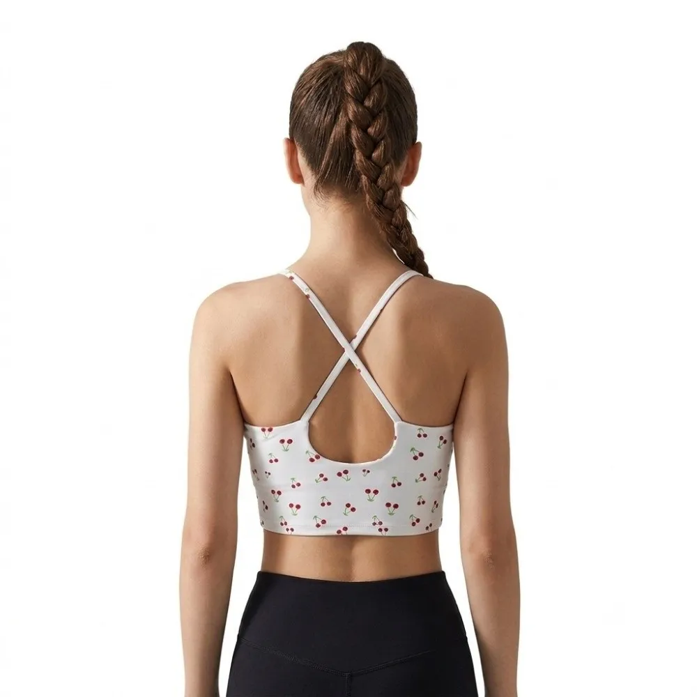 Chest Pad Sports Bra Fixed Cup Beautiful Back Design Running Vest Cherry Print Suspender Style Fitness Clothing Gym Workout
