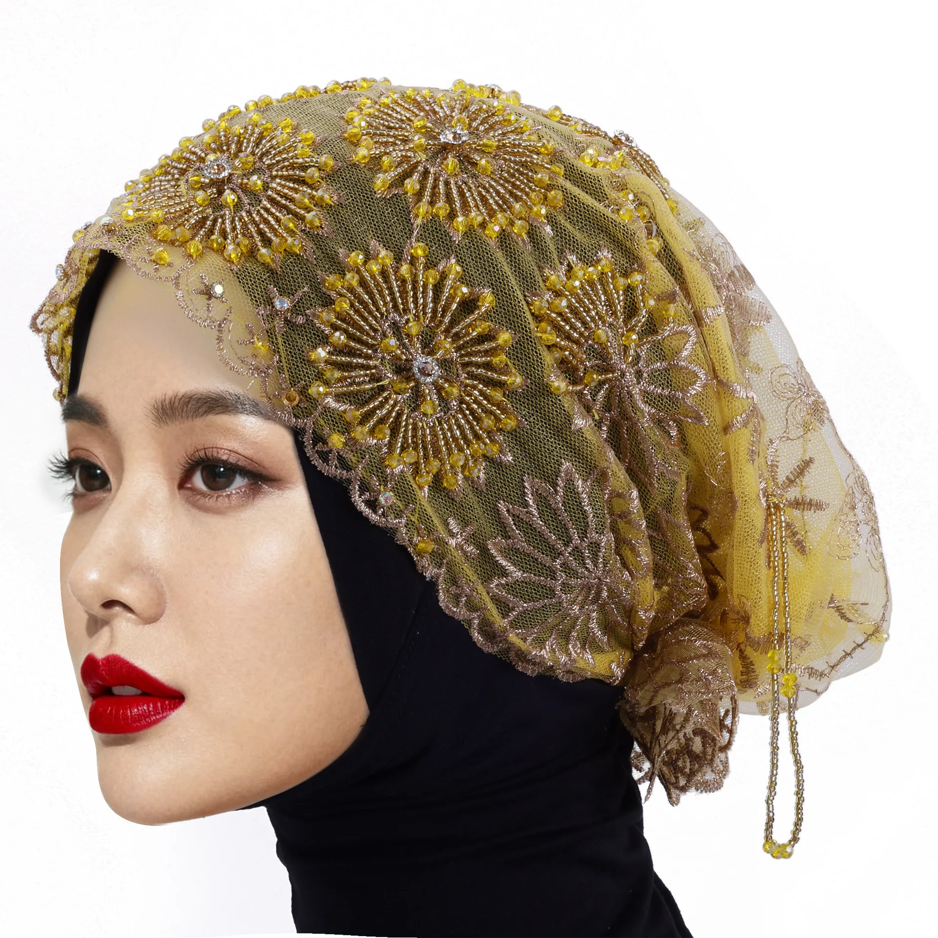 

Fashion Women Muslim Beads Hijab Underscarf Lace Beanies Mesh Embroidery Headscarf Turban Ninja Cap Head Wrap Turbante Mujer Hat