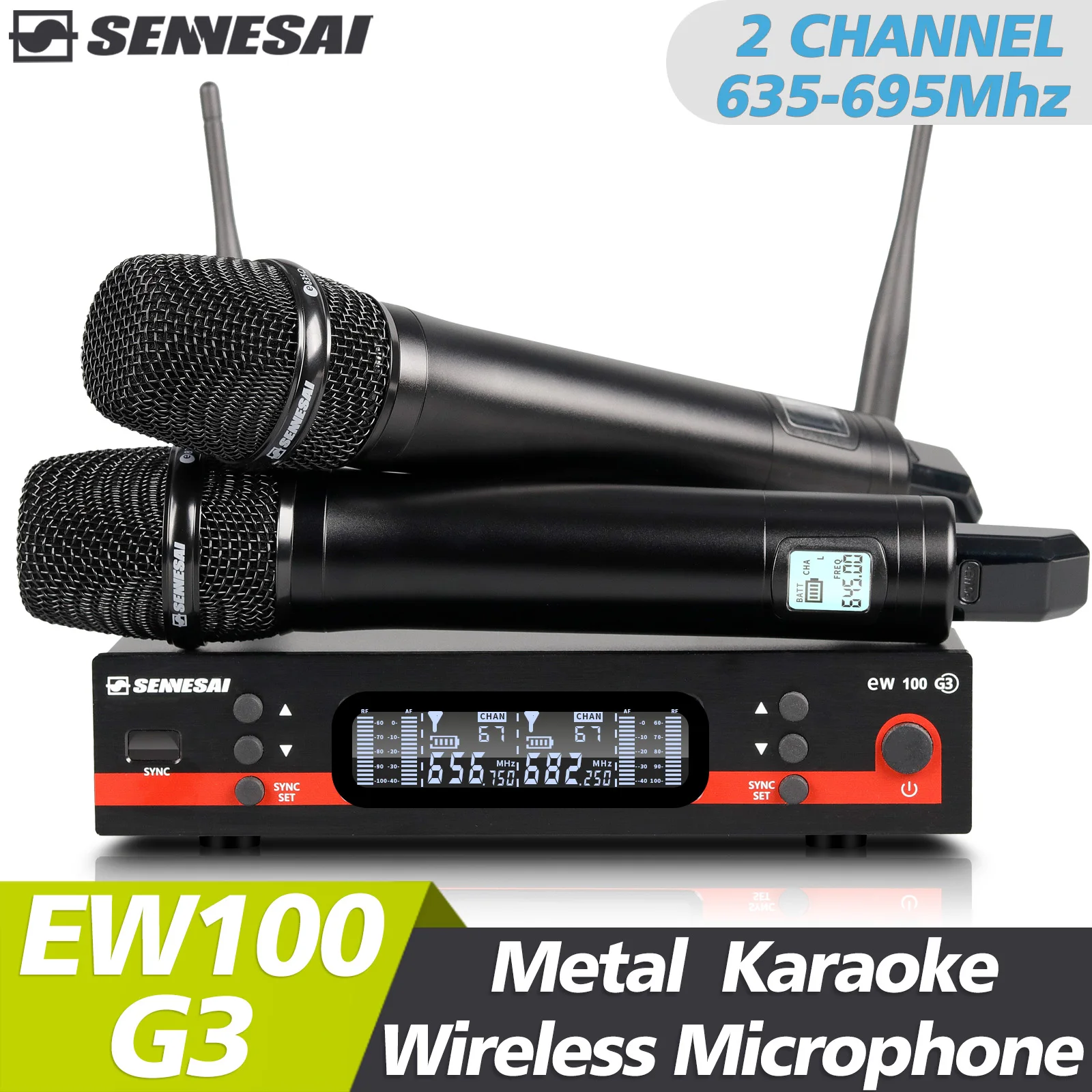 SENNESAI Ew100G3 Professional Dual Wireless Microphone Stage Performance 2 Channels 600-699MHz UHF Karaoke Metal Handheld e835