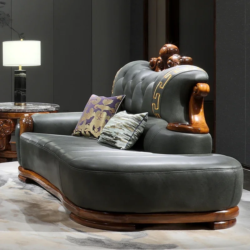 Ebony wood sofa combination European style solid wood carved villa thickened leather living room sofa