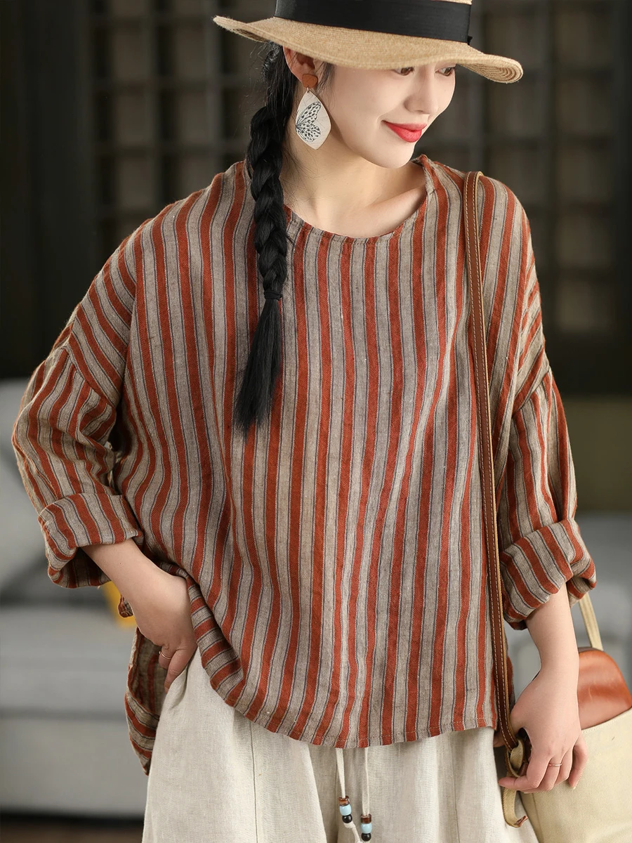 

Женская льняная рубашка YuanYuanMeiYi в полоску с круглым вырезом и длинными рукавами, повседневный топ, дышащий, удобный, в винтажном стиле, свободного кроя