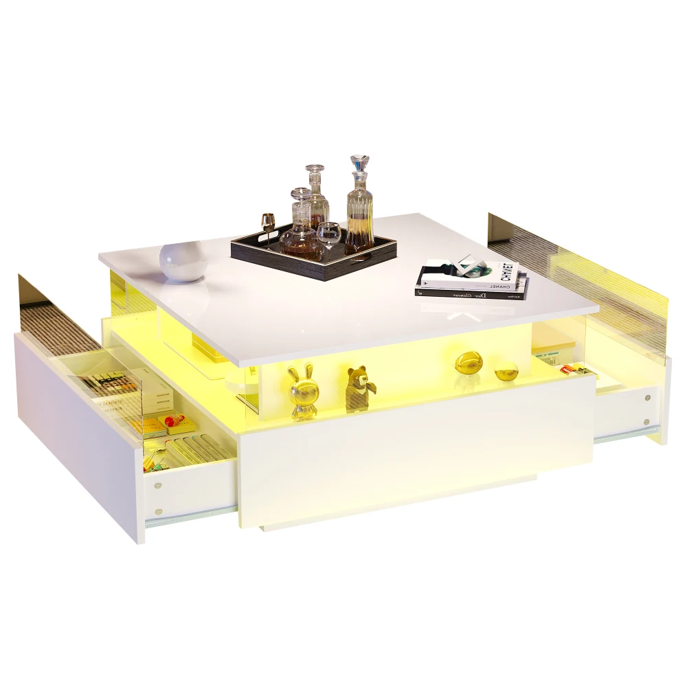 70 x 70 x 41 cm großer moderner Hochglanz-LED-Couchtisch mit 2 Schubladen und transparentem Präsentationsbereich, belastbar bis zu 30 kg – Detail 35