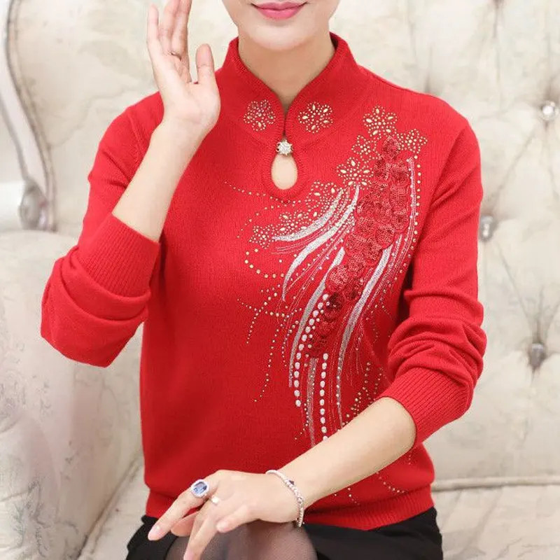 Fashion Stand Collar Knitted Sweaters Female Clothing Folk Floral Diamonds Elegant Autumn Winter New Long Sleeve Knitted Jumpers