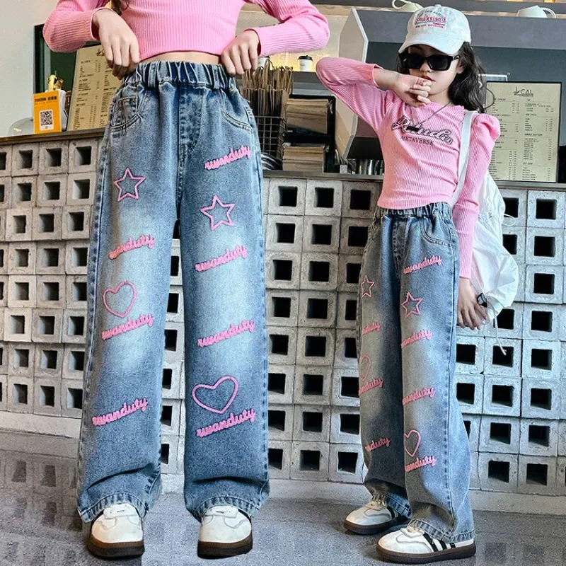 

New Girls Loose Wide-leg Jeans Trousers Children Fashion Letter Heart Print Straight Denim Pants Spring Autumn Casual Clothing