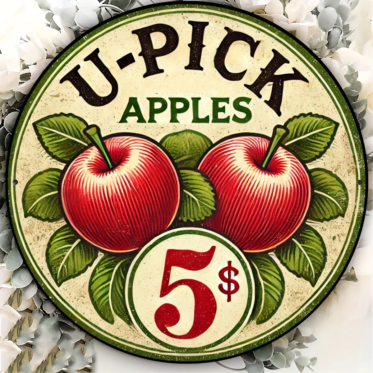 U-Pick Apples Vintage Round Aluminum Sign - 8x8 Inch | Rustic Farmhouse Decor for Garden, Patio, Door & Yard | Outdoor Pick Your