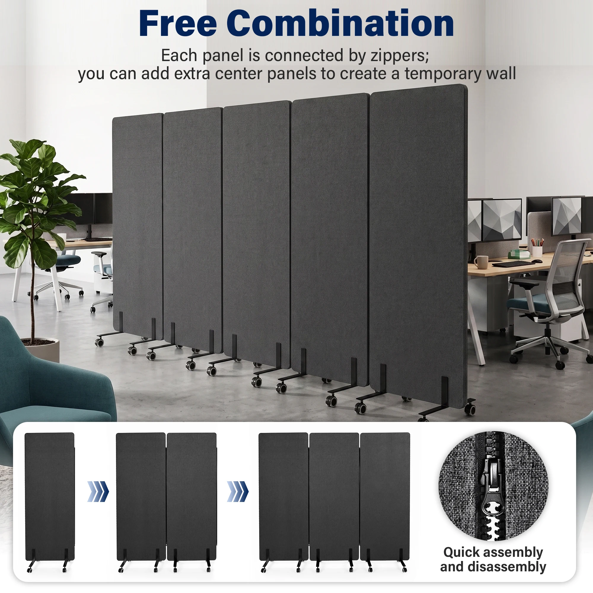 Partition Screen Divider - キャスター付きの可動式吸音パーテーション。3枚のパネルで構成され、折りたたみ式で、オフィスや教室、スタジオなどの作業スペースで使用できる、音を遮断し、プライバシーを保護する機能を持つ。