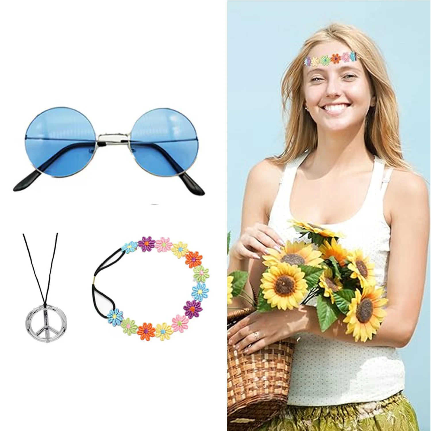 

PESENAR Women Hippie Costume Set - 60's 70s Style Retro Vintage Glasses Peace Sign Necklace Sunflower Crown Hair Band