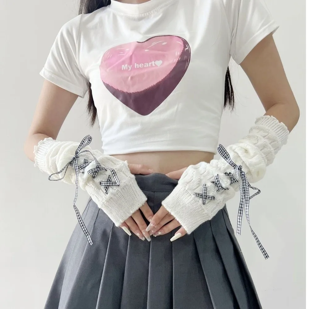 Neue lange Armwärmer-Handschuhe, gestrickt, kältebeständig, warme Armmanschette mit Band, fingerlose Handschuhe für Herbst und Winter