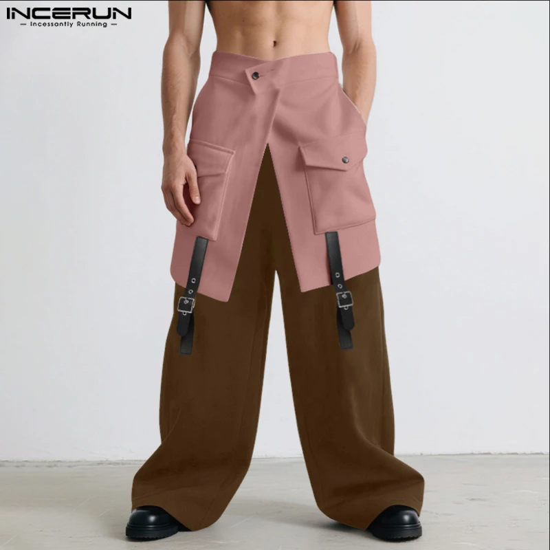 

INCERUN Men Pants Patchwork Color-block Button Joggers Trousers Men Streetwear Loose 2025 Fashion Casual Male Long Pants S-5XL