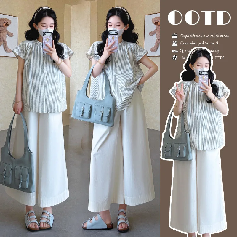 traje-de-maternidad-verano-2026-camisa-a-rayas-holgada-transpirable-y-comoda-y-pantalones-anchos-blancos-para-mujeres-embarazadas