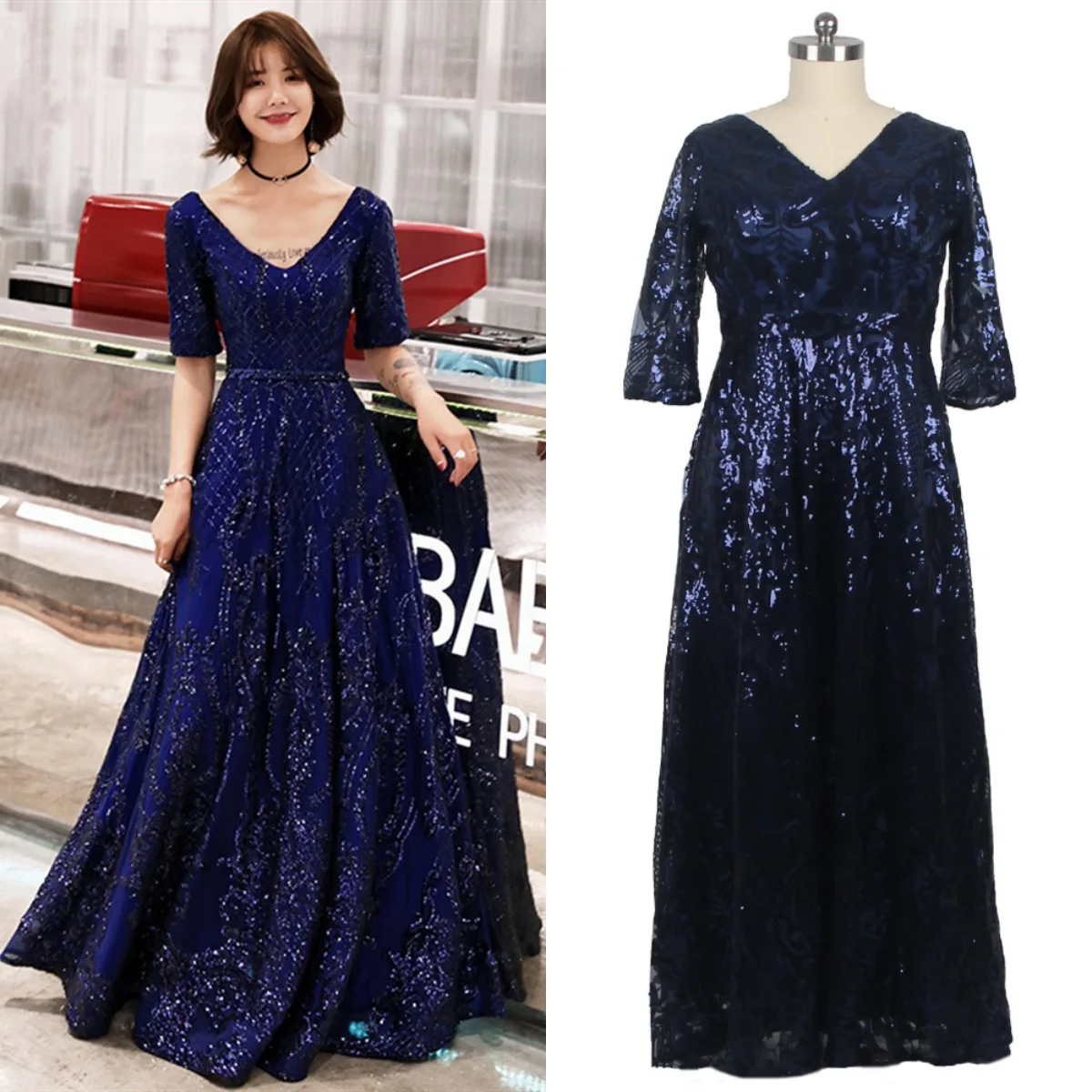 

It's YiiYa Evening Dresses Navy Blue Sequins V-neck Beading Waist Short Sleeve Floor Length Plus size Women Party Gowns E412