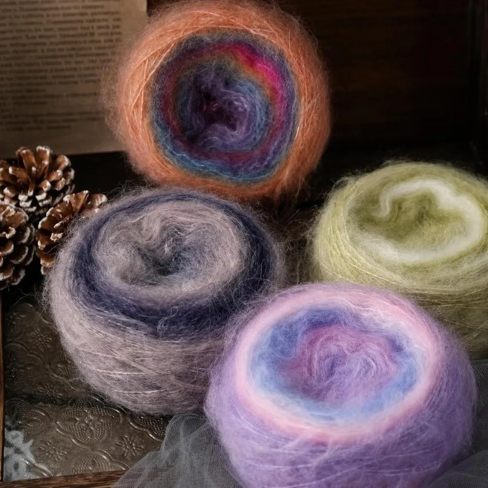 50G Gradient Color Rainbow Mohair Yarn Soft Texture Organic Cotton Blend Crochet Yarn 50g Weight Iridescent Finish Hollow Yarn