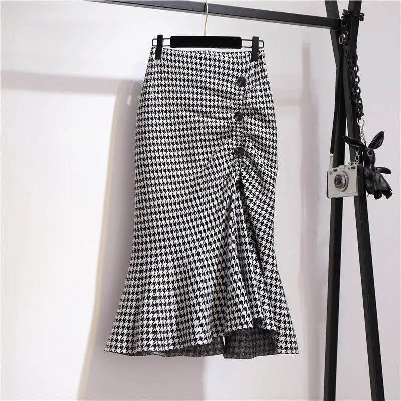 Korean Fashion Slim Skirts Pleated Patchwork Autumn Thin Temperament Printing Buttons High Waist Elegant Sweet Women's Clothing