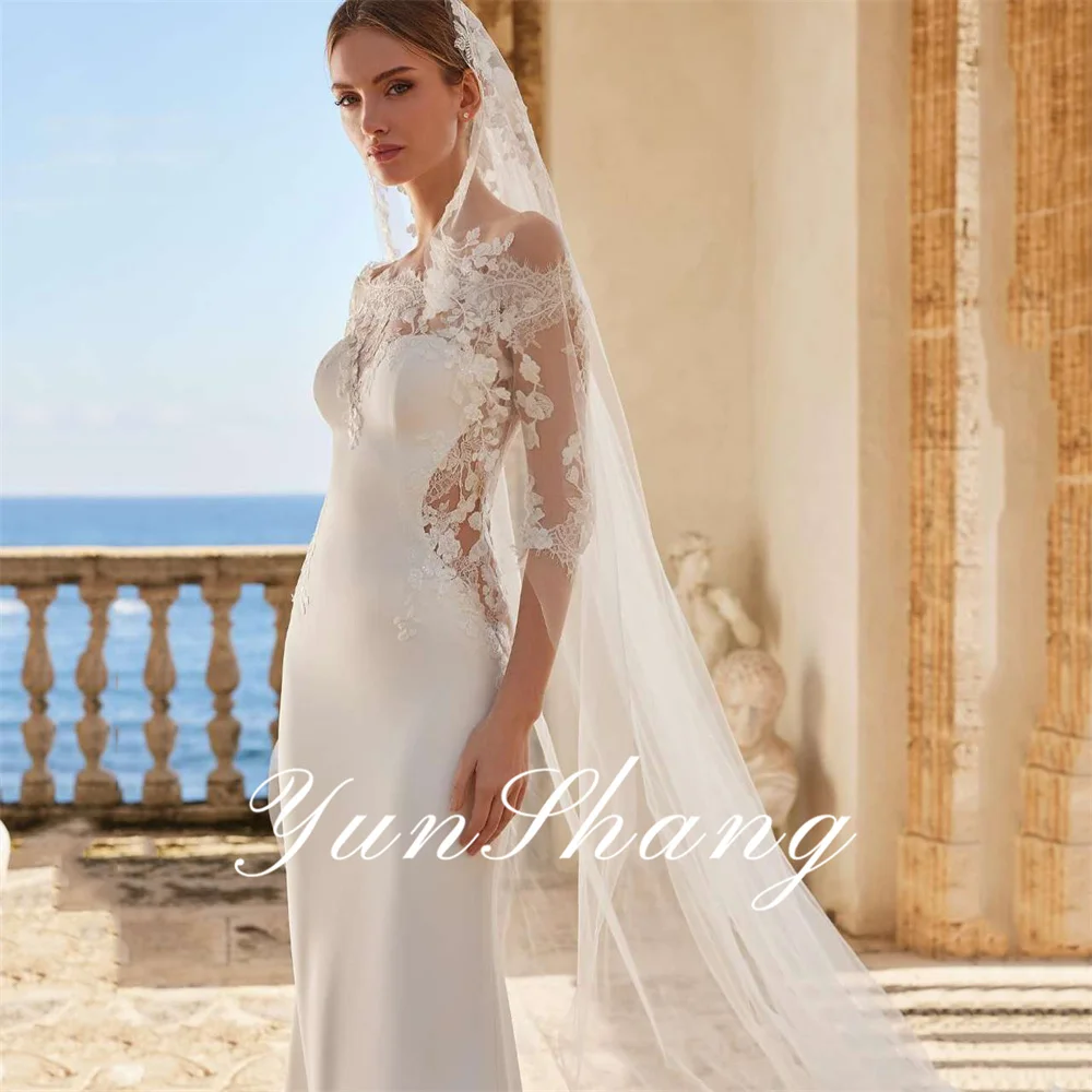 Yunshang eleganti abiti da sposa a sirena da donna in pizzo con spalle scoperte 3/4 maniche lunghe abito da sposa Sweep Train Vestidos De Novia