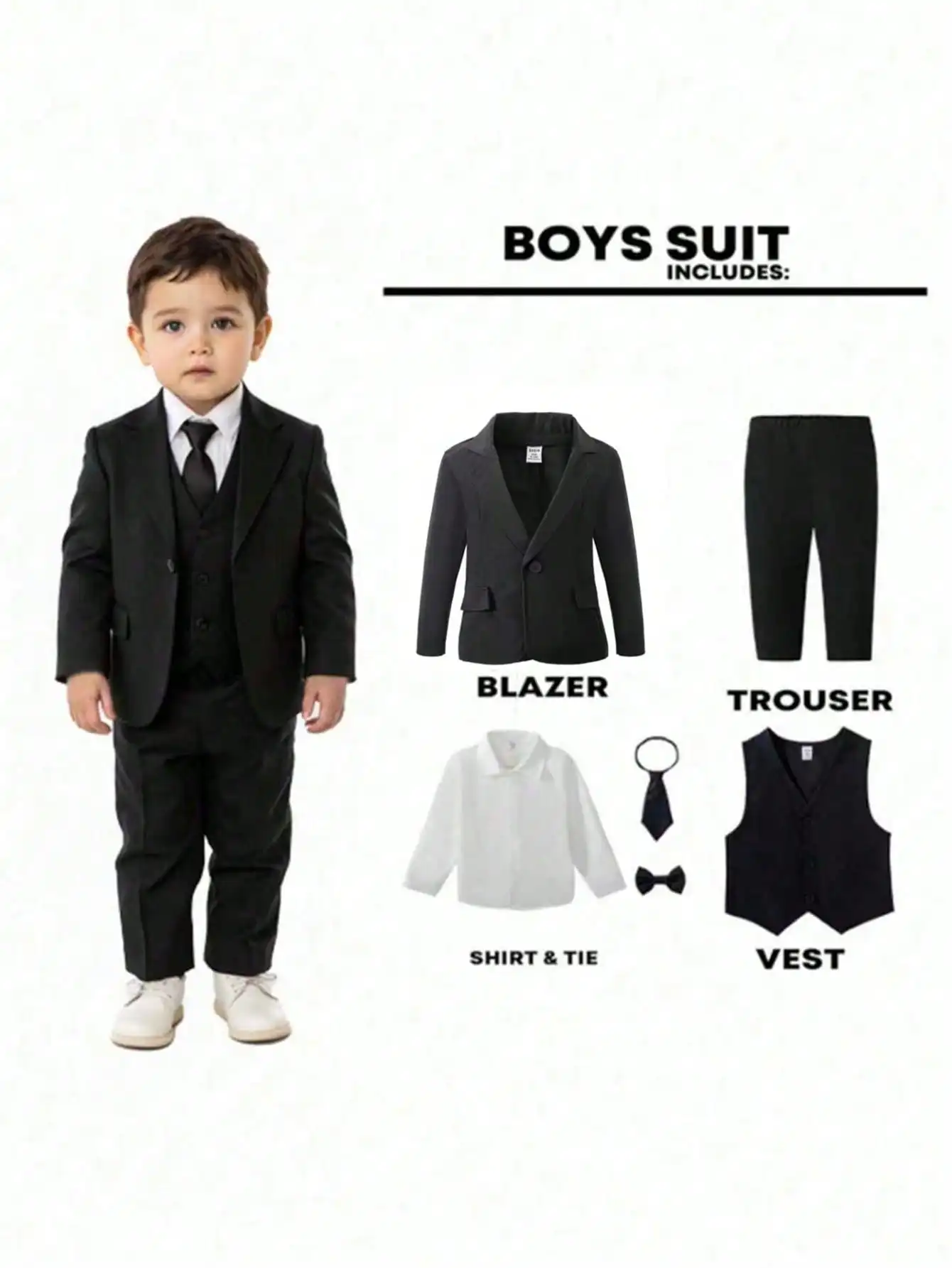

6-Piece Boys Formal Suit Set: Black Blazer, Vest, Trousers, White Shirt, Tie & Bow Tie