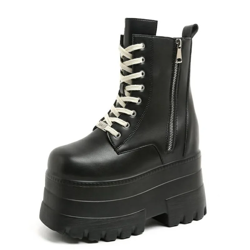 14CM New Ankle Booties Shoes Punk Natural Boots Women Motorcycle Boots Platform Ladies Fashion Botas Winter Autumn Plus Size 43