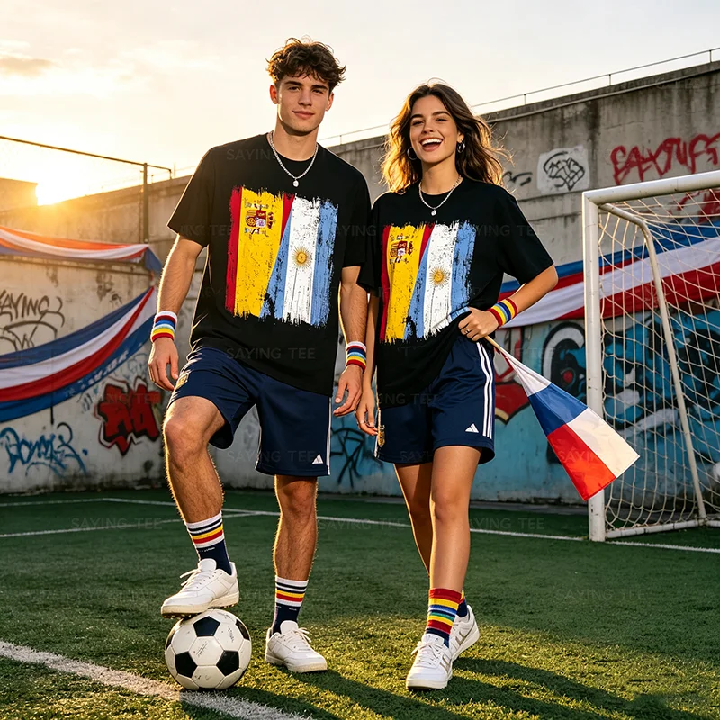 Spanien Argentinien Halbflaggen-T-Shirt: Spanisch-Argentinische Wurzeln – Fußballspiel 2026 Spieltag für Champion Grafik-Bekleidung Fußball-T-Shirt – Detail 5