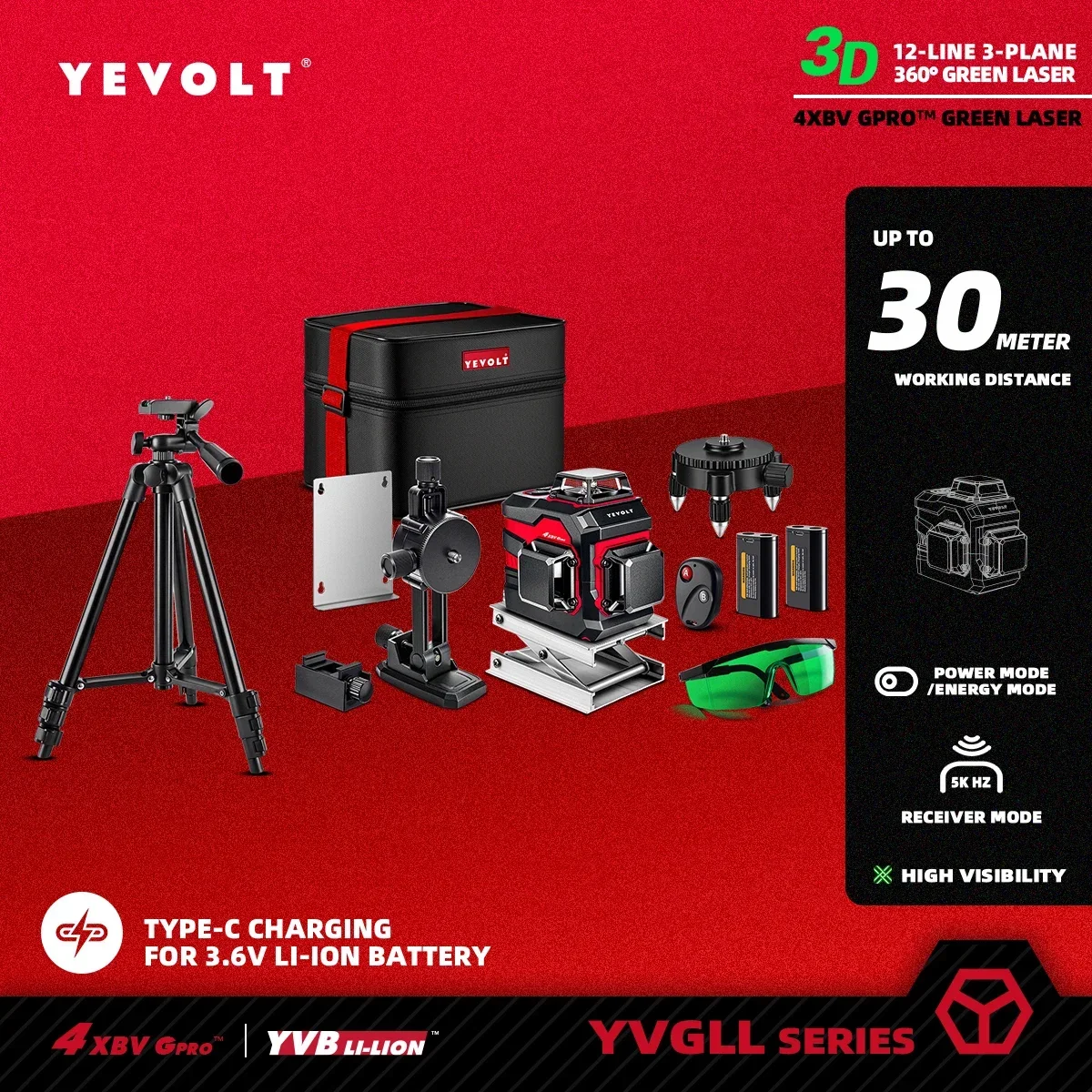 YEVOLT 12-line Laser Level YVGLL4XS12 Green Beam (520nm) ±0.2mm/m High Accuracy Fence Building One-Tool Multi-Surface Alignment