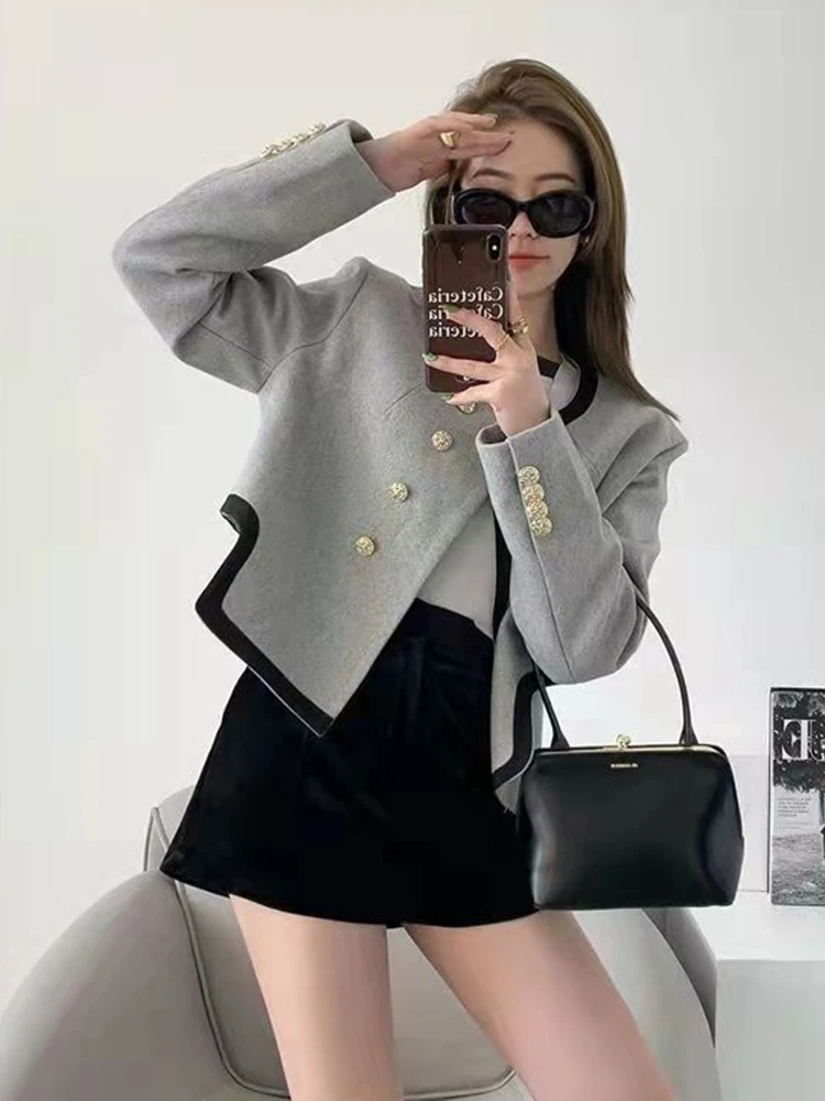 Jmprs Streetwear Harajuku Grey Tweed Jacket Women Fashion Irregular Design Coat Korean Simple Double Breasted Chic Casual Jacket