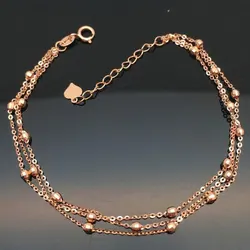 585 Purple Gold Plated 14K Rose Gold Three Layer Chain Beads Shiny Bracelets for Women Exquisite Fashion Wedding Jewelry