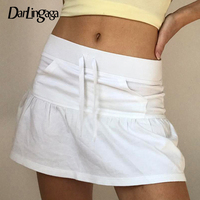Darlingaga Sports Style Drawstring Strap Split A-Line Skirts Women Summer T-shaped Pocket Solid Mini Bottoms Y2K Aesthetics 2025