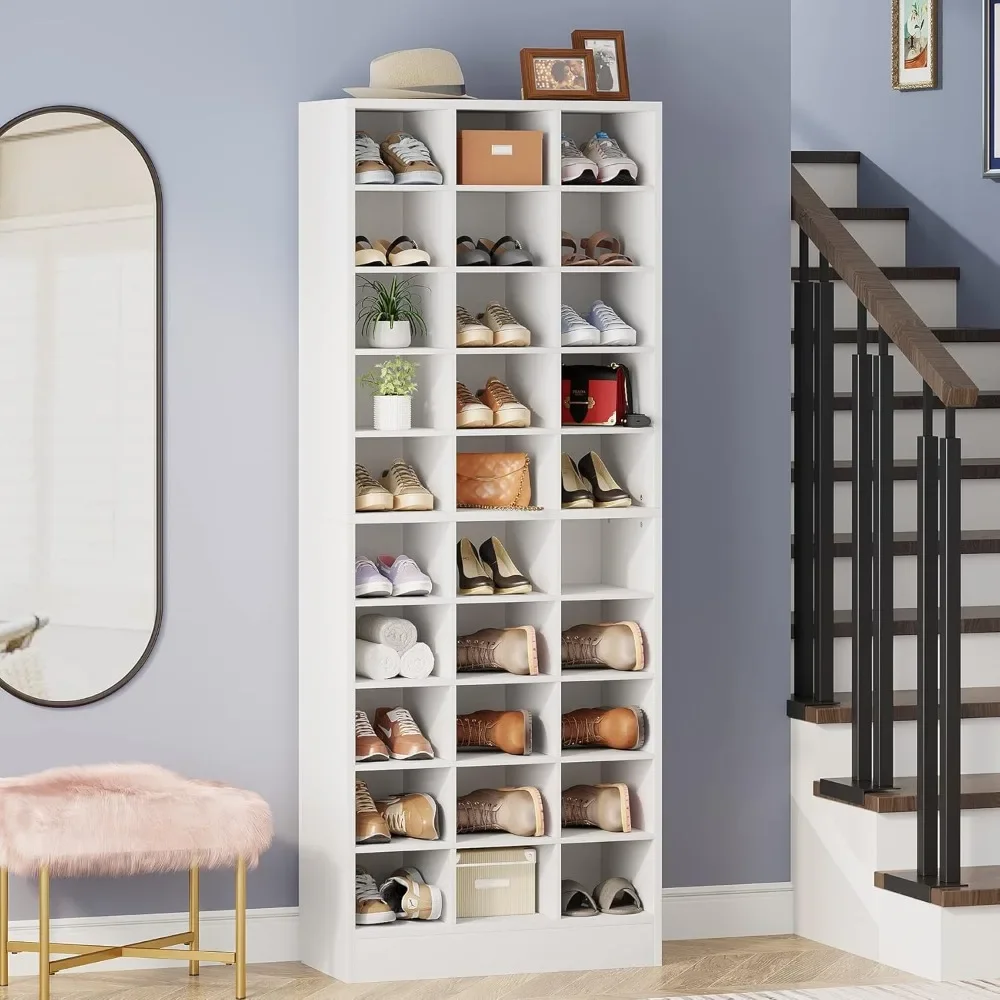 ตู้เก็บรองเท้า 10 ชั้น,ชั้นวางรองเท้าไม้สีขาว 30 Cubbies,อิสระสูงEntrywayรองเท้าสําหรับตู้เสื้อผ้า