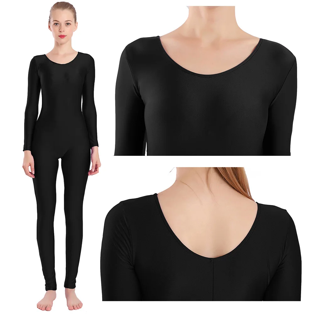 AOYLISEY Women Black Long Sleeve Unitard One-piece Spandex Full Body Scoop Neck Spring Jumpsuit Men for Adult Zentai Dance Wear