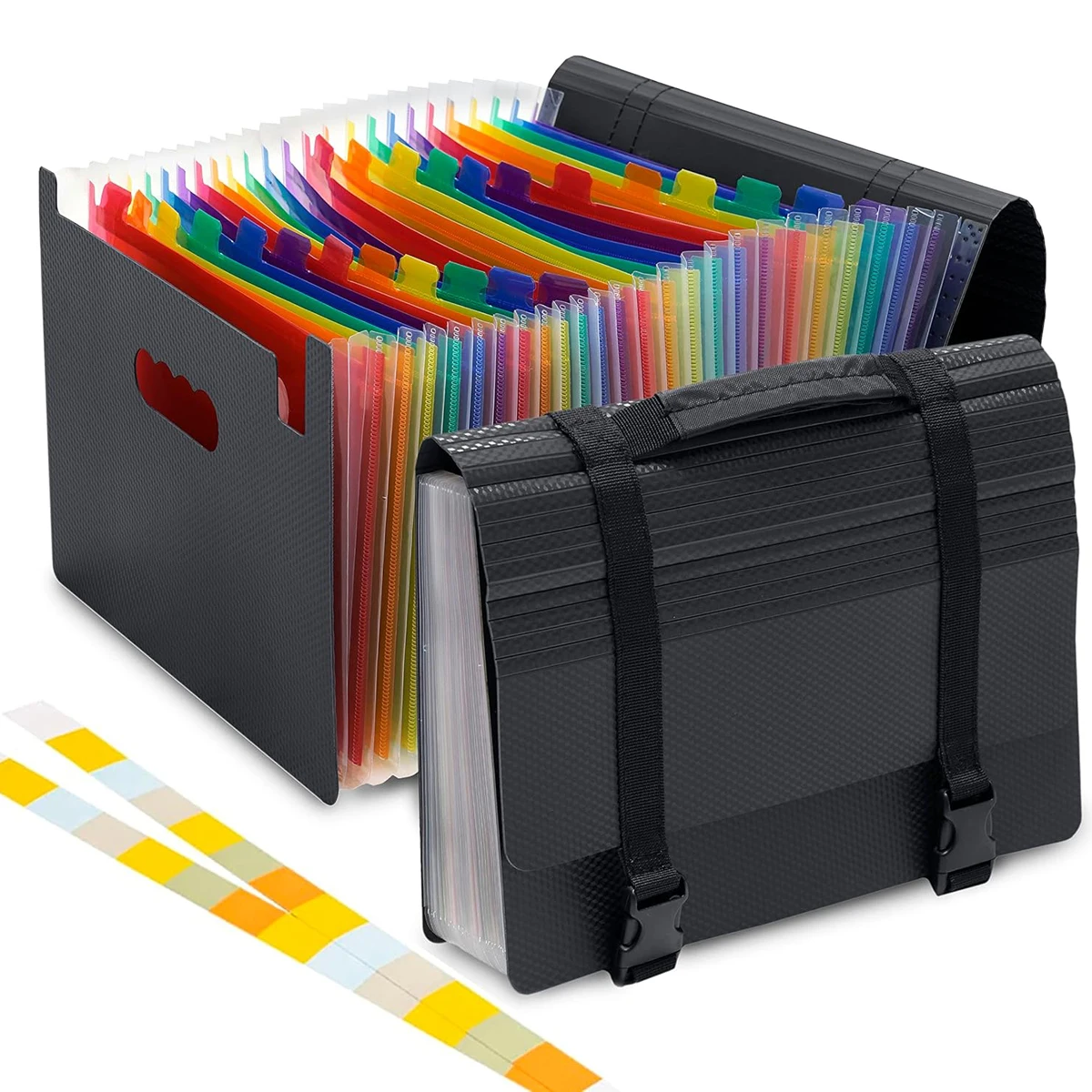 

24-pocket expandable folder with handle and snap closure, portable file box for bills, receipts, documents, and files.