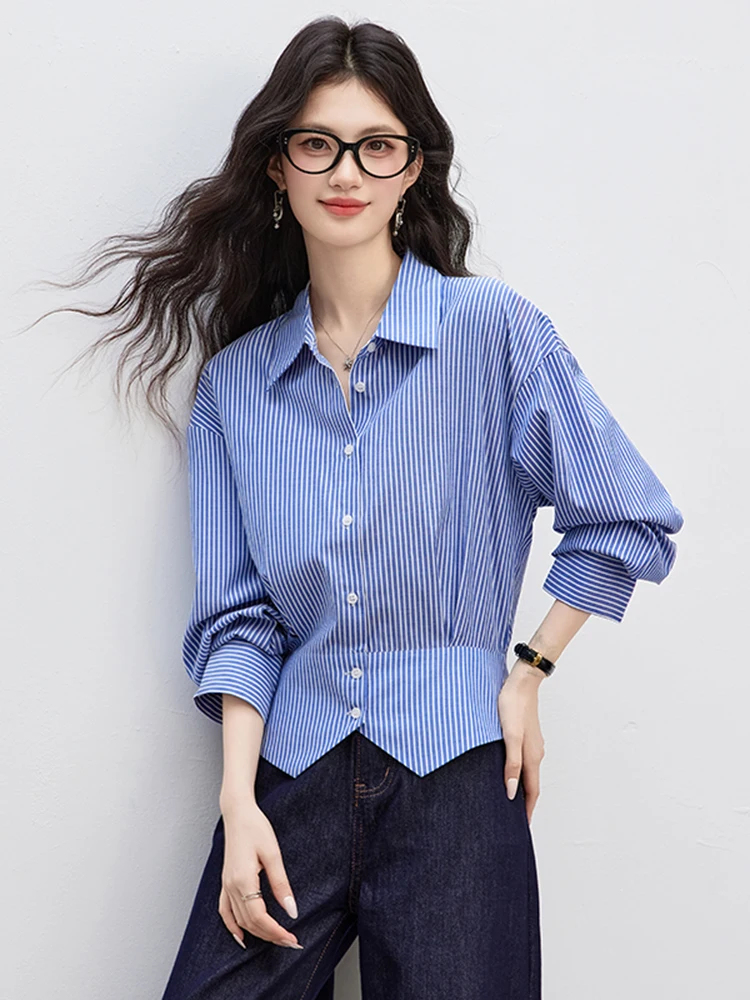 

Модный женский топ с длинным рукавом, весна 2026, новый дизайн, с завышенной талией, повседневный, в полоску