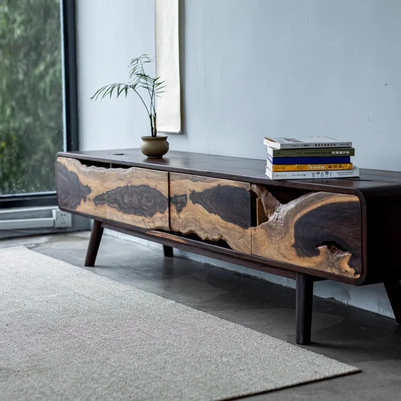 Solid wood TV cabinet, log ebony, simple small apartment coffee table, all solid wood, floor