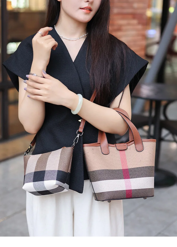 

Color Block Plaid Market Tote 2025, Canvas Bucket Bag with Top Handle, Convertible Shoulder Bag for Summer Vacation & Outings