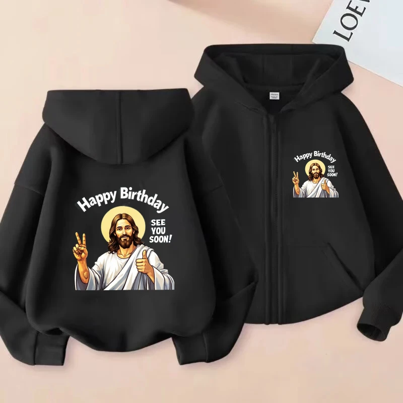 

Мужская куртка с капюшоном, черная Повседневная уличная одежда с принтом Иисуса «С Днем Рождения», толстовка на молнии для вечеринок и повседневной носки