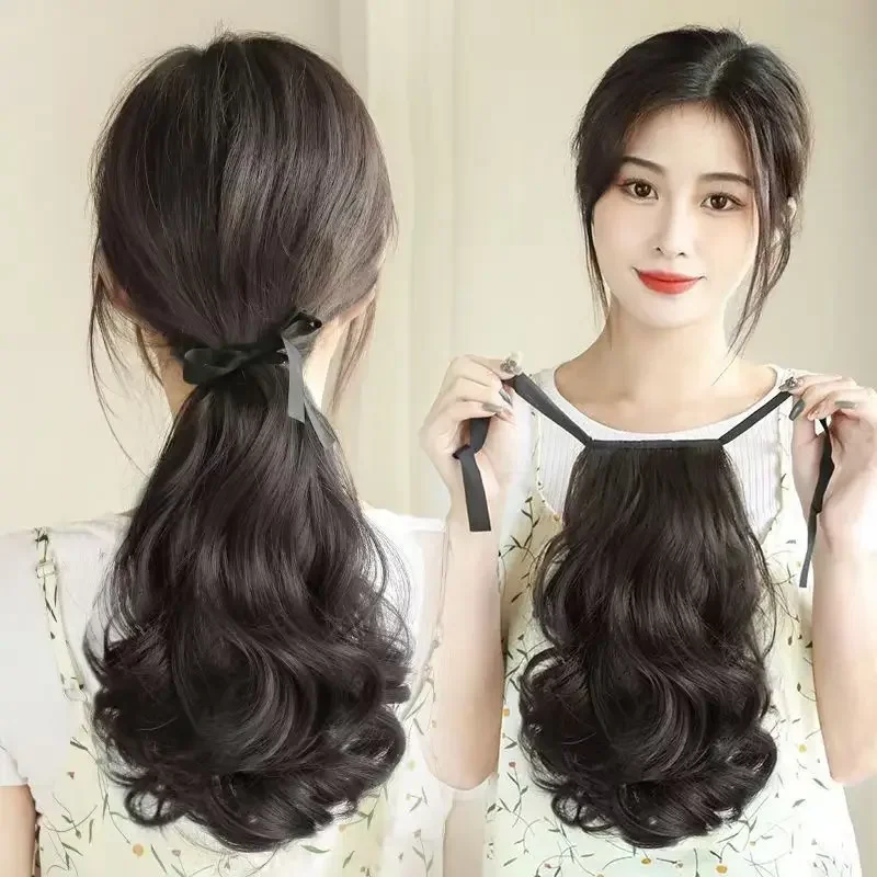 باروكة شعر صناعية للنساء، مشبك ذيل حصان منخفض، خفيف الوزن بدون سحب، جو كوري، ذيل مزيف من الألياف الآسيوية، ذيل حصان