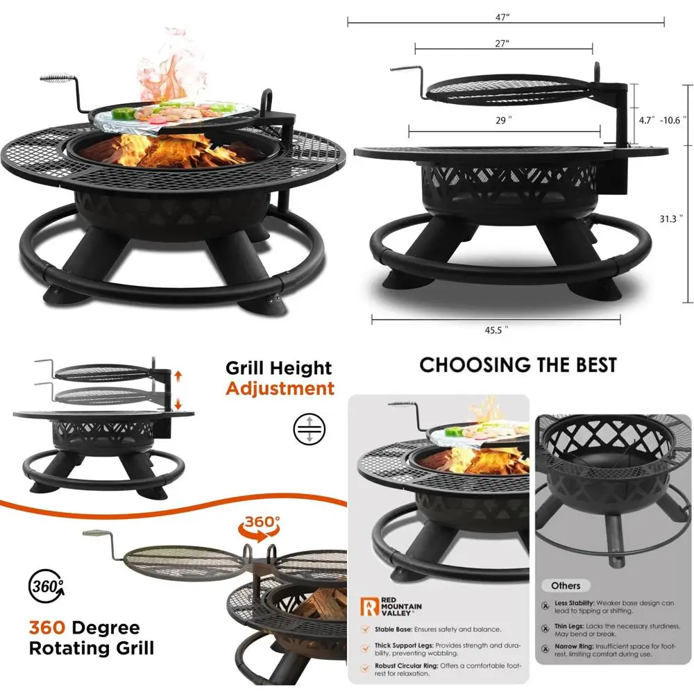 

Red Mountain Valley 47-inch Dual-Purpose Outdoor Fire Pit with Adjustable Grill for Wood Burning and Patio Use
