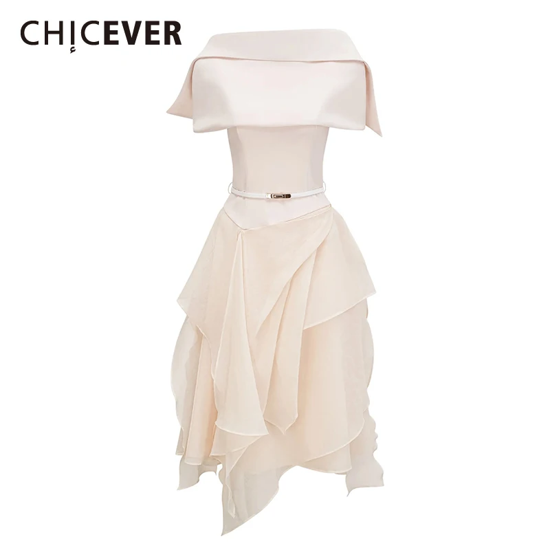 CHICEVER Solid Irregular Two Piece Sets for Women Lapel Shawl Slash Neck Sleeveless Spliced Belt Long Dress Fashion Set Female