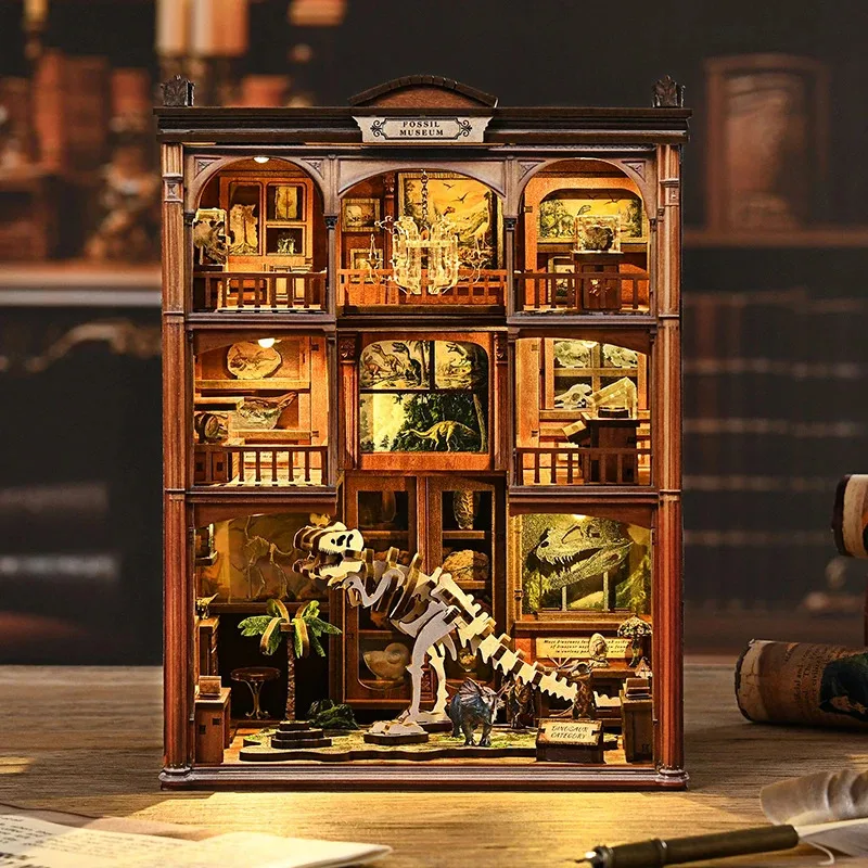 DIY Wooden Dinosaur Book Nook Figurines Miniatures Fossil Museum Bookend With LED Lights for Friends Gifts Home Decor Crafts