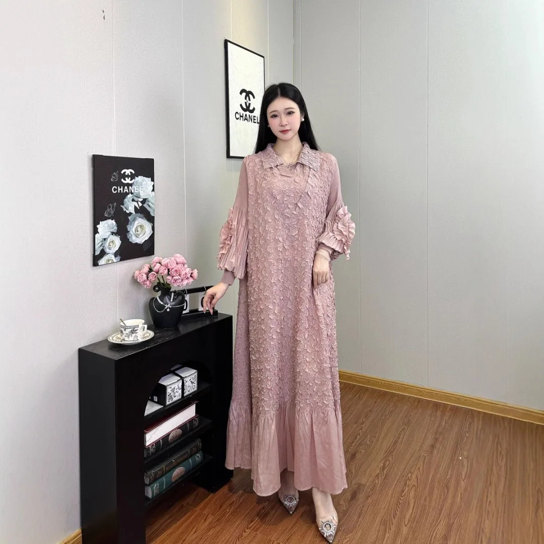 

Miyake New Heavy Embroidery Large Size Pleated Dress Women Loose Casual Temperament Elegant Long Ruffled Skirt Elastic Clothing