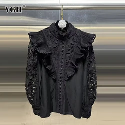 VGH Solid Patchwork Lace Hollow Out Shirts For Women Stand Collar Long Sleeve Spliced Single Breasted Casual Blouses Female New