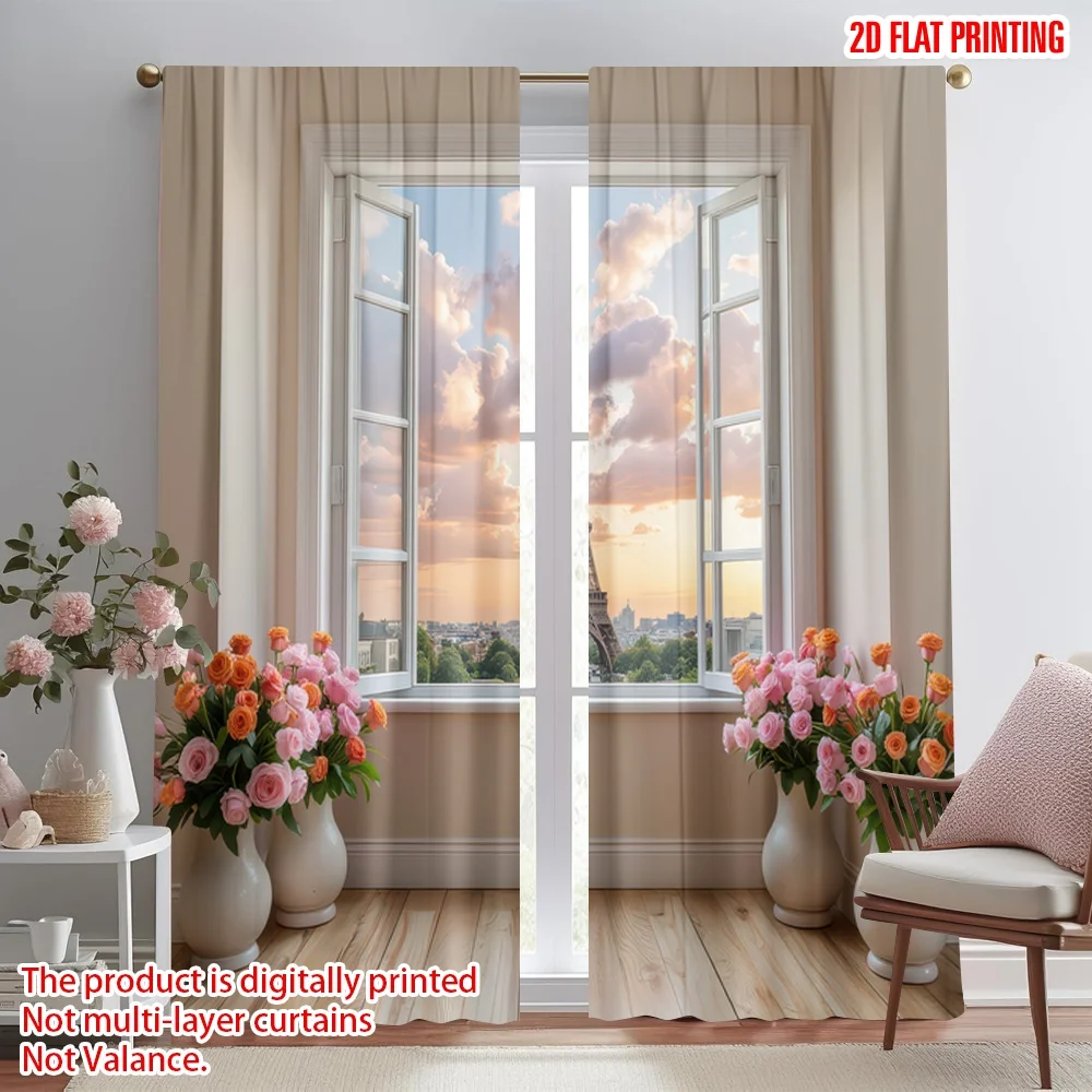 

2D flat printing 2pcs Party Curtain Eiffel Tower Sunset View Digital Printed Polyester Drapes Festive Curtains Perfect for All