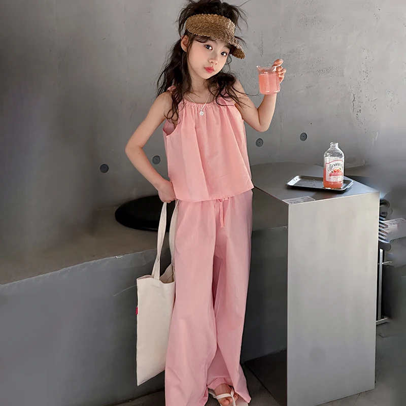 

New Children's Set Girls Summer Cotton and Hemp Fashion Sling Tank Top Casual Loose Straight Leg Trouser Combination 2-piece Set