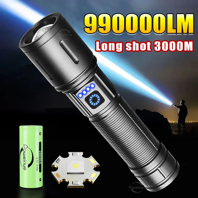 2024 High Power LED Flashlight Rechargeable Type-c Flashlights 18650 Super Bright Long Range Tactical Torch Camping Fishing Lamp